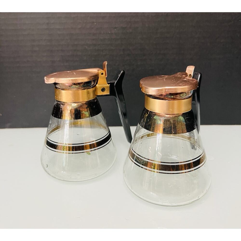 2 vtg. Mid Century Glass Carafes Mini Espresso Coffee Pots Milk Syrup Decanters